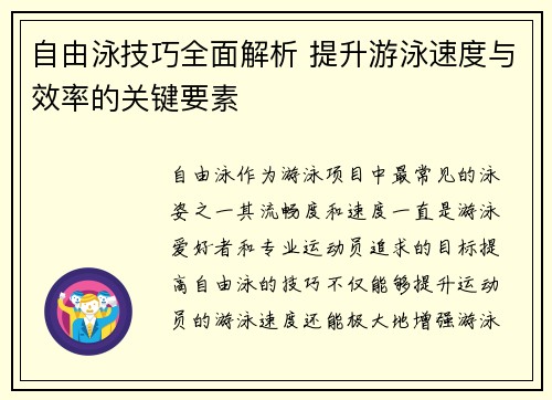 自由泳技巧全面解析 提升游泳速度与效率的关键要素